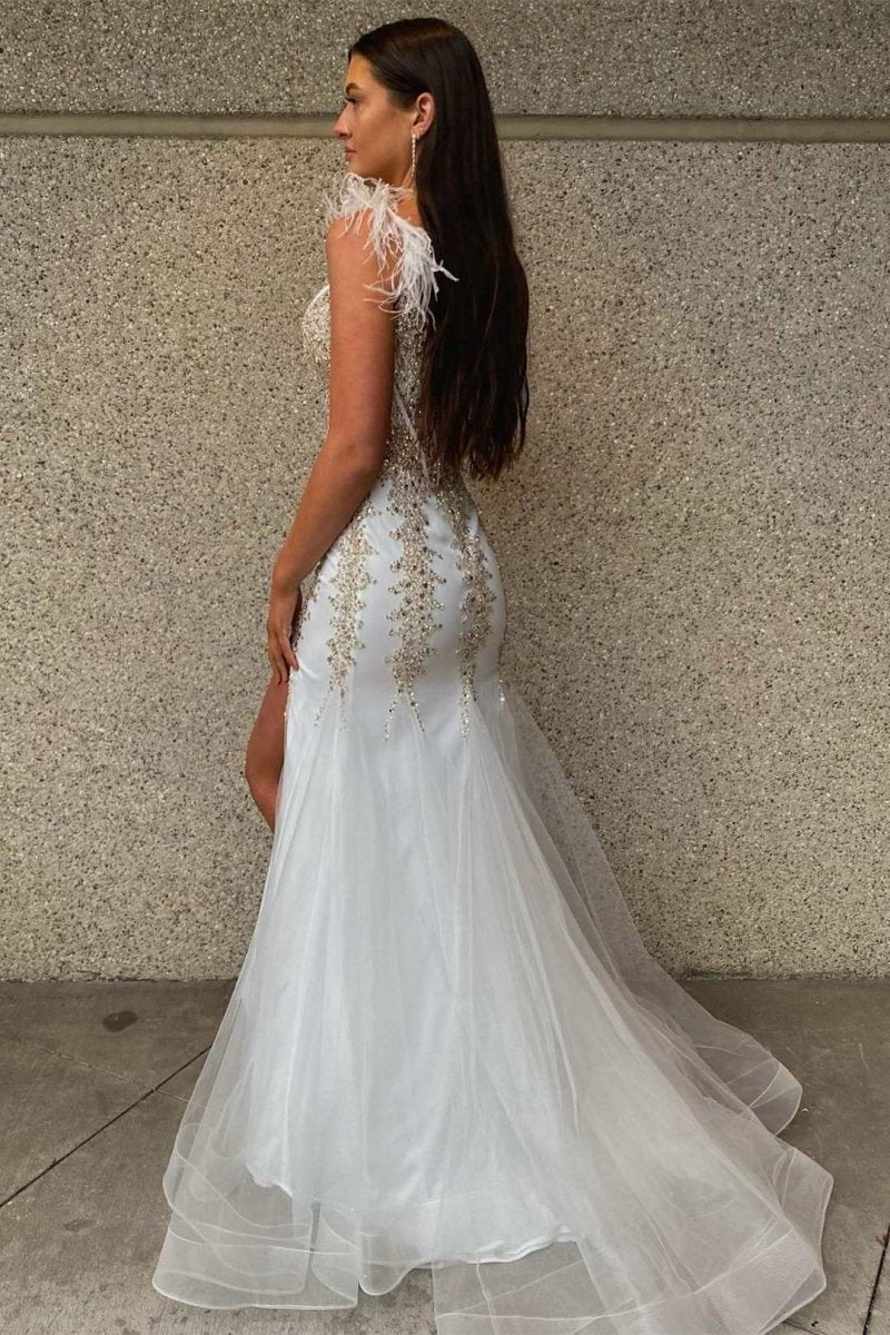 Beaded Feather V-Neck Mermaid Long Formal Dresses with Slit