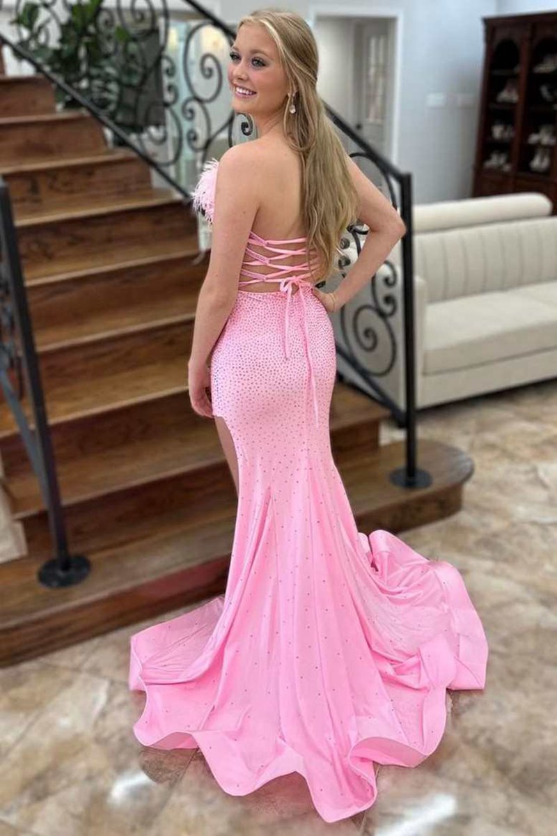 Beaded Feather Strapless Lace-Up Mermaid Long Prom Dresses