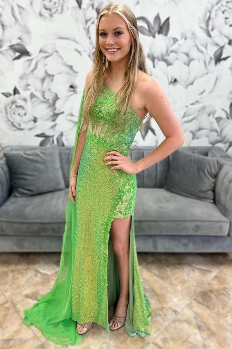 Sequin Lace One-Shoulder Long Formal Dresses with Attached Train