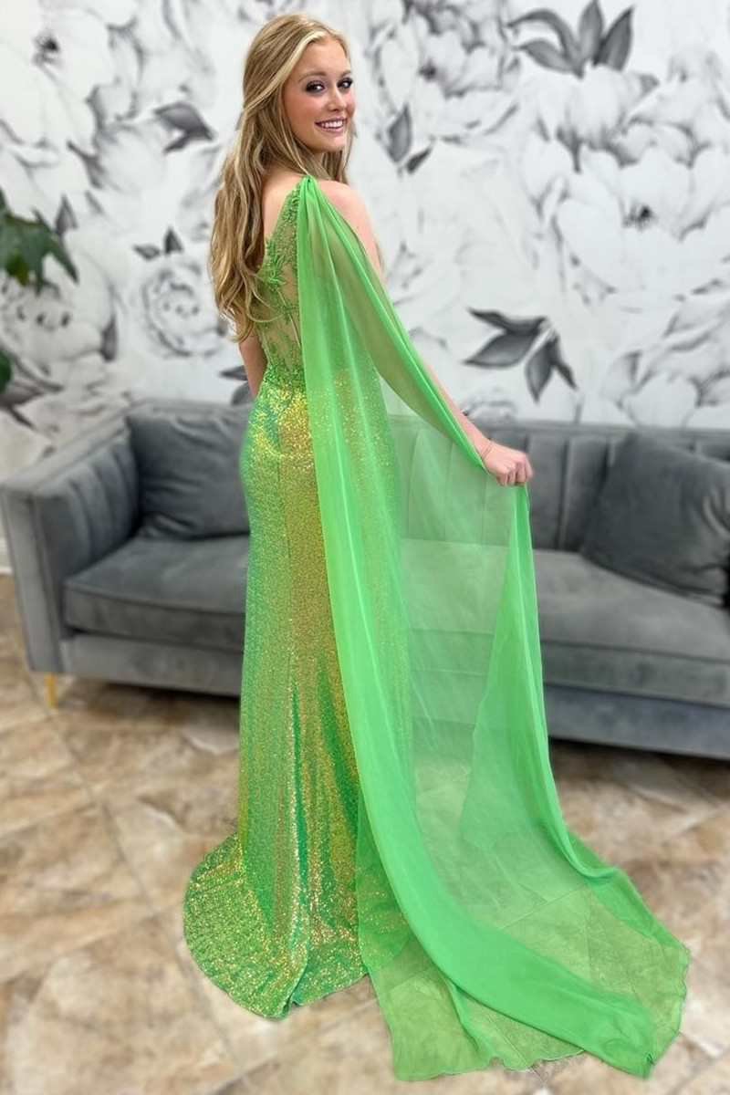 Sequin Lace One-Shoulder Long Formal Dresses with Attached Train