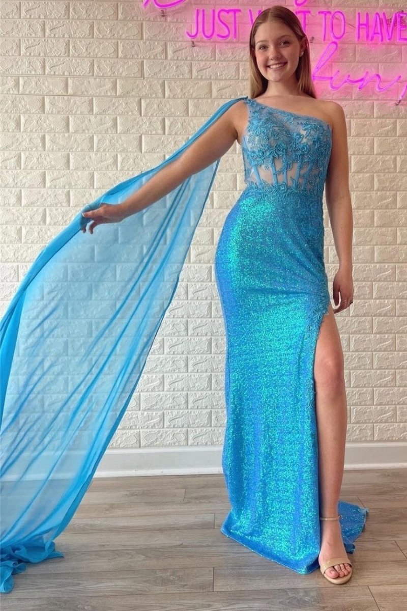Sequin Lace One-Shoulder Long Formal Dresses with Attached Train
