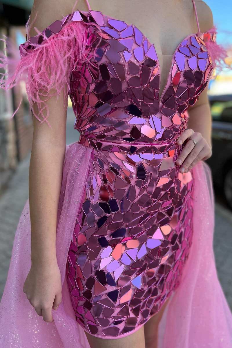 Cut Glass Mirror Cold-Shoulder Short Party Dresses with Attached Train
