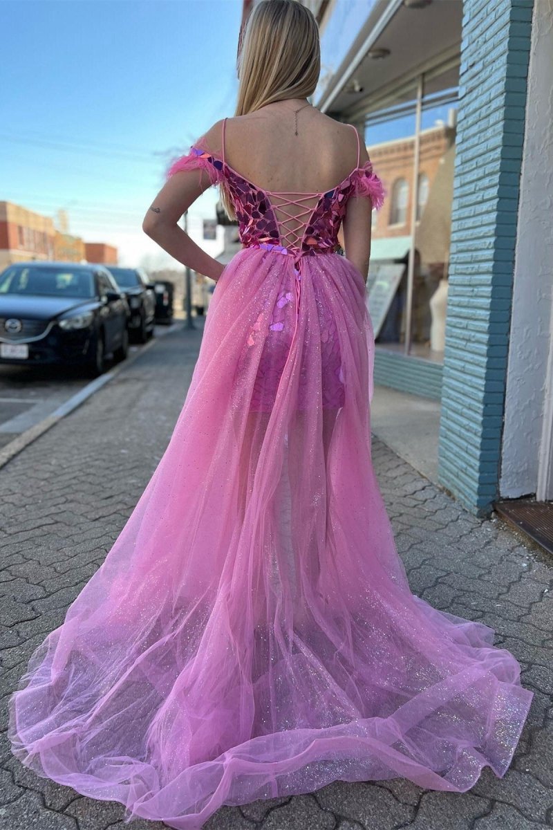 Cut Glass Mirror Cold-Shoulder Short Party Dresses with Attached Train
