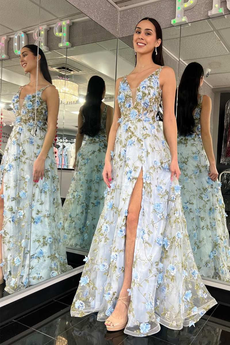 Organza Plunge V A-line Long Prom Dresses with 3D Floral Lace