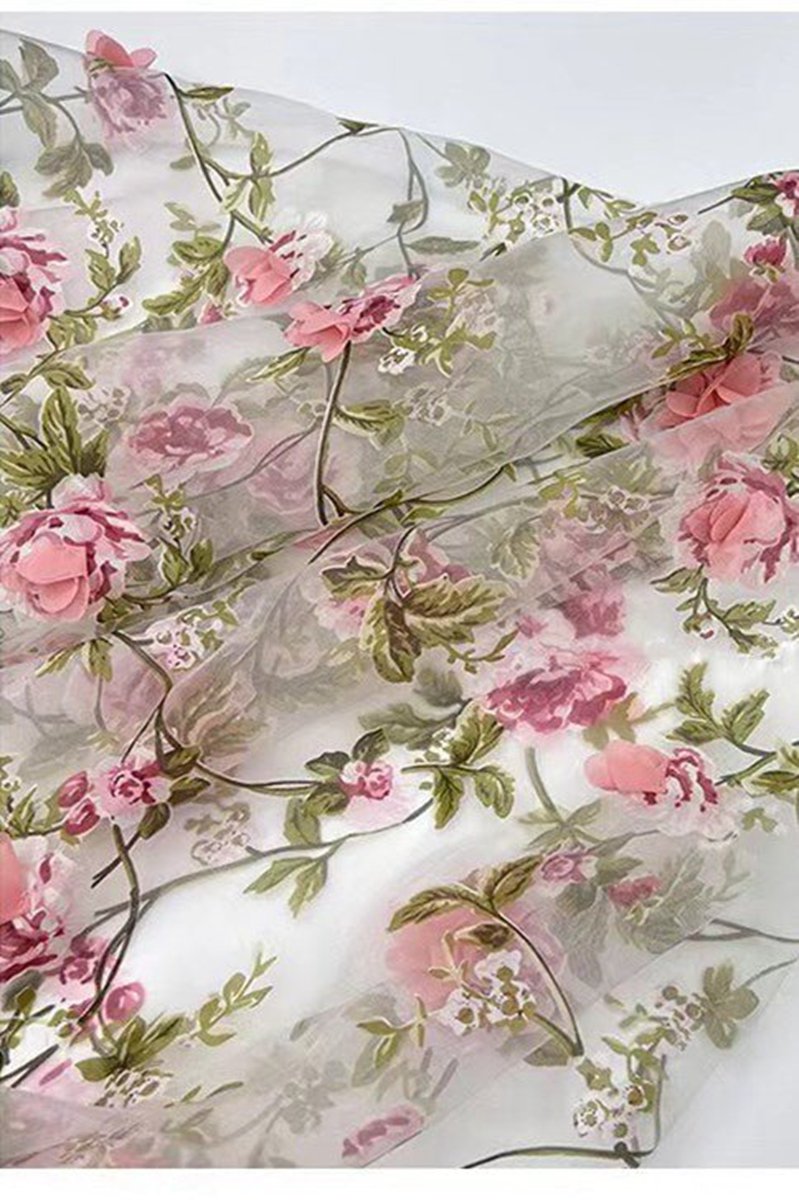 Organza Plunge V A-line Long Prom Dresses with 3D Floral Lace
