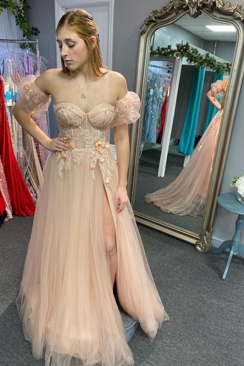 Tulle 3D Floral Lace Sweetheart A-line Prom Dresses with Slit
