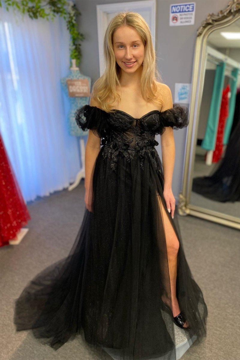 Tulle 3D Floral Lace Sweetheart A-line Prom Dresses with Slit
