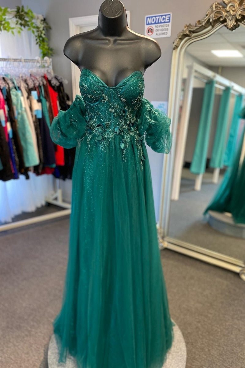Tulle 3D Floral Lace Sweetheart A-line Prom Dresses with Slit