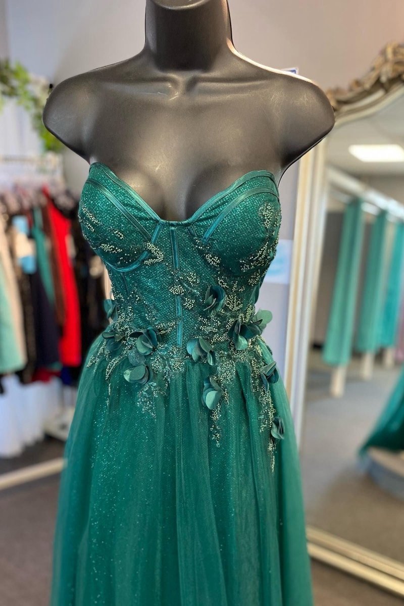 Tulle 3D Floral Lace Sweetheart A-line Prom Dresses with Slit
