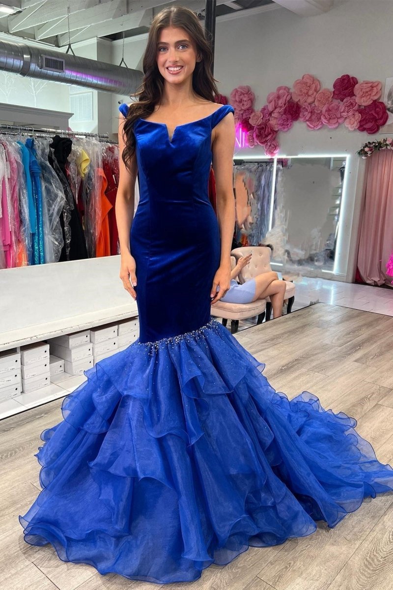 Velvet Off-the-Shoulder Multi-Layer Trumpet Formal Gown