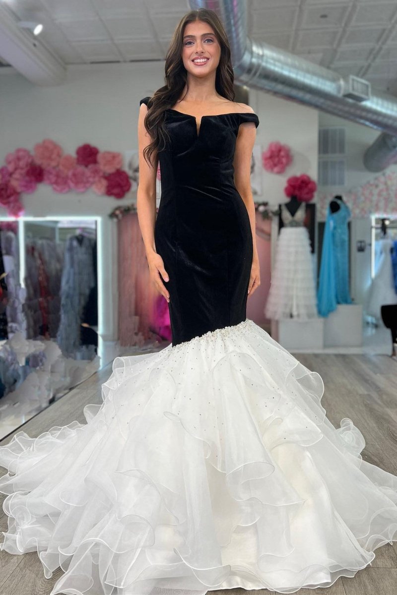 Velvet Off-the-Shoulder Multi-Layer Trumpet Formal Gown