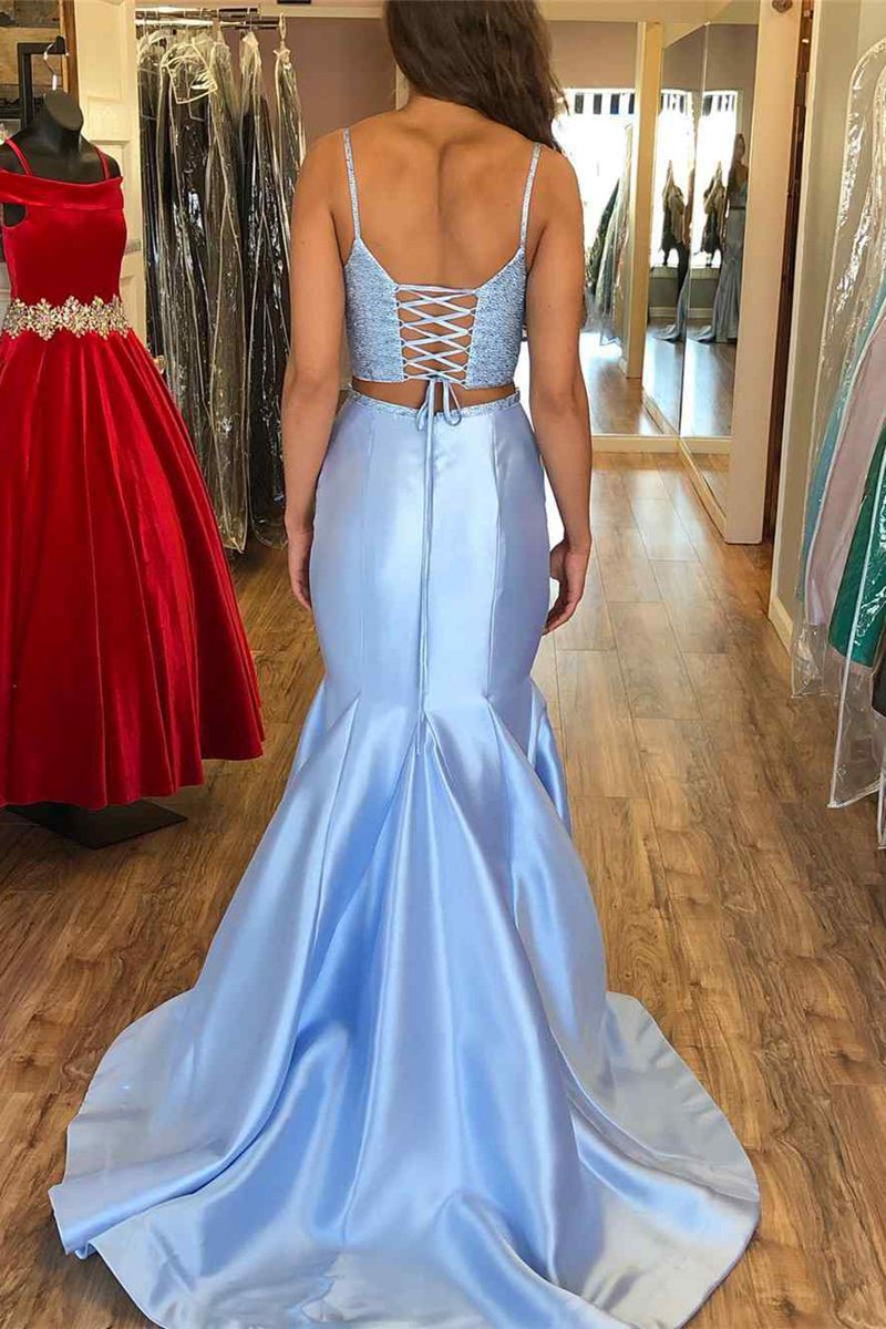 Two-Piece Glitter Straps Trumpet Long Prom Dresses