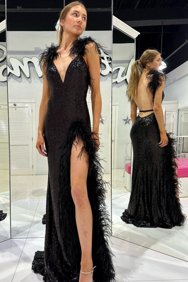 Sequin V-Neck Mermaid Long Prom Dresses with Feathers