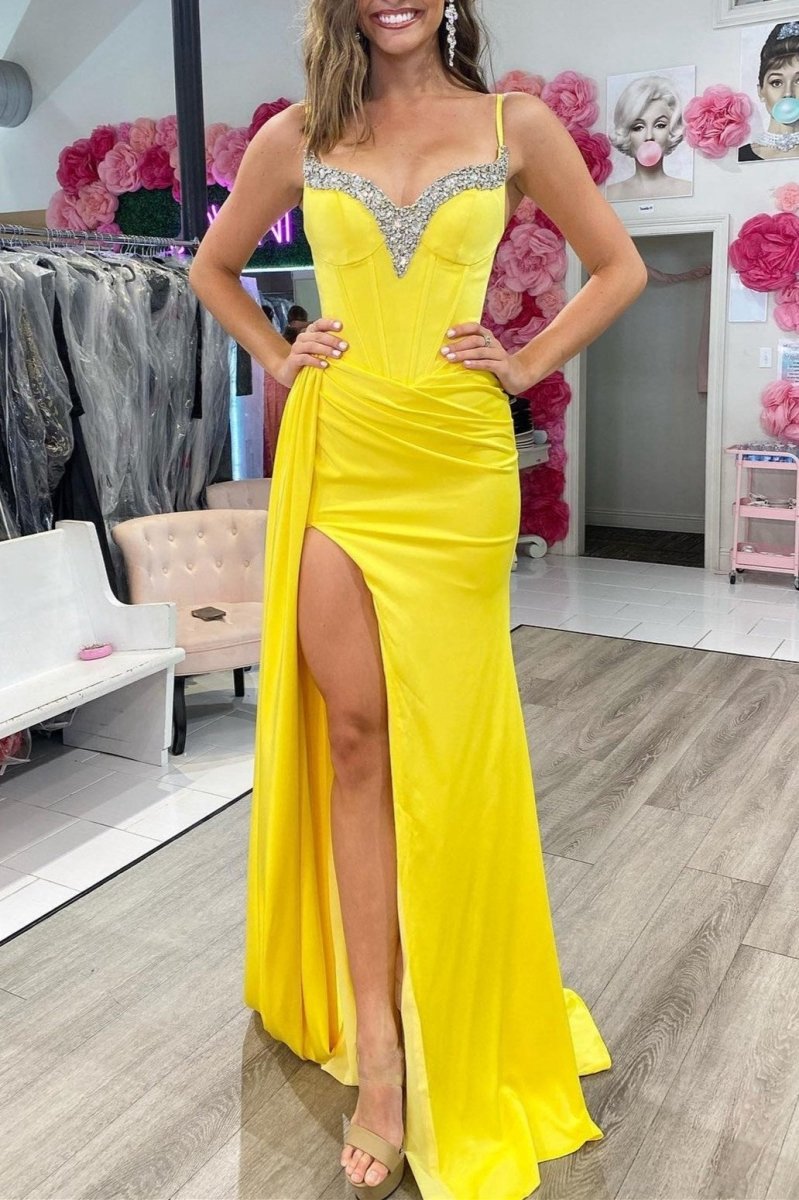 Beaded Queen Anne Neck Straps Long Formal Gown with Attached Train