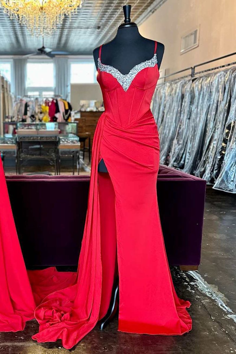 Beaded Queen Anne Neck Straps Long Formal Gown with Attached Train