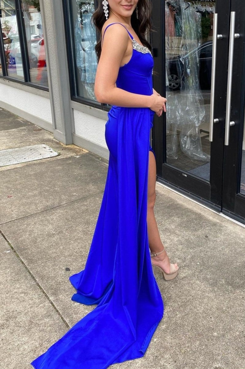 Beaded Queen Anne Neck Straps Long Formal Gown with Attached Train