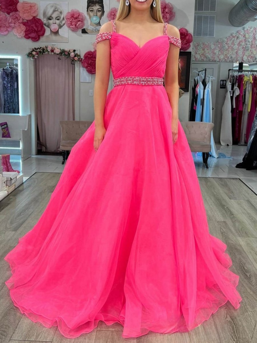 Beaded Cold-Shoulder A-line Prom Dresses