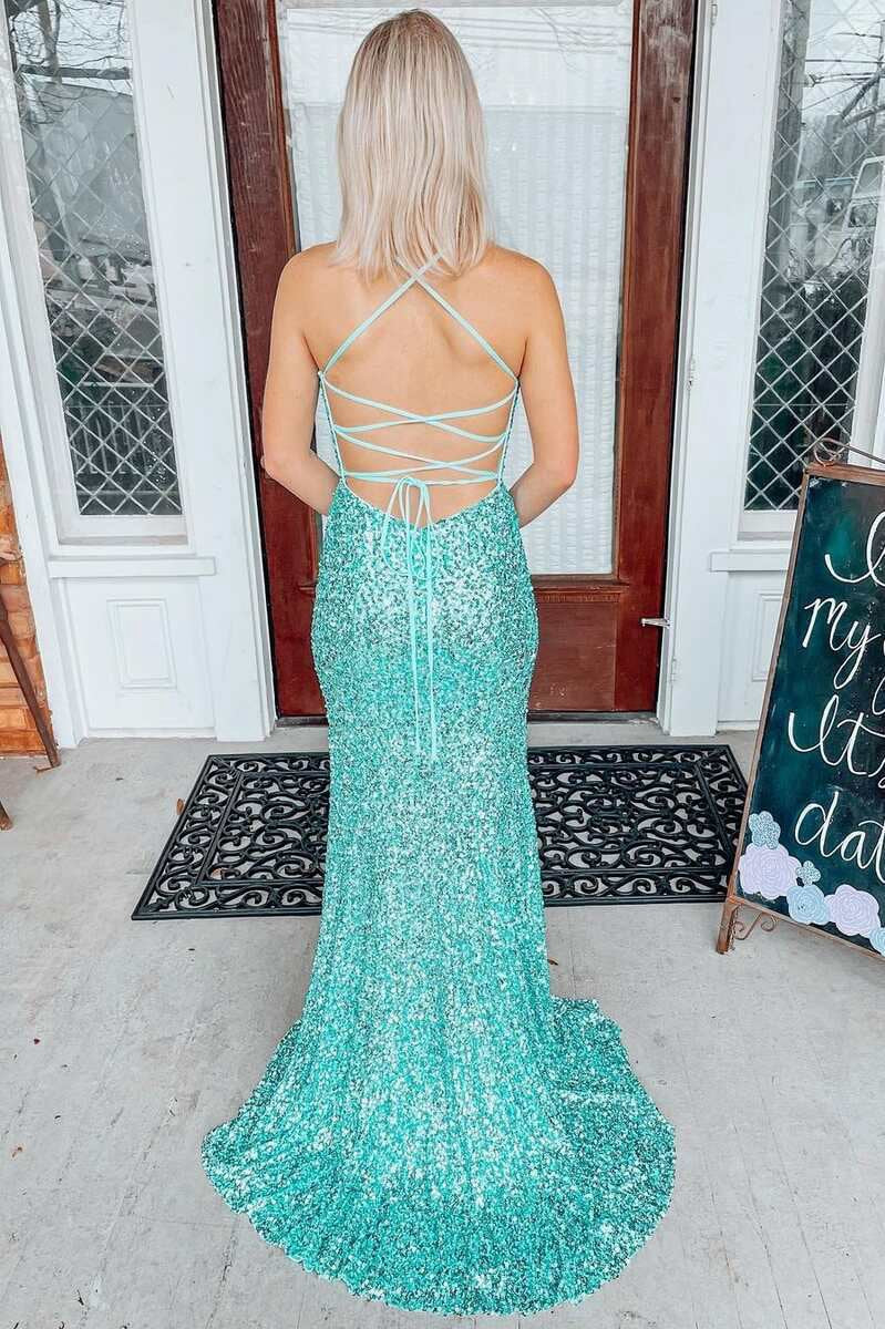 Light Jade Sequin Lace-Up Back Mermaid Long Prom Dresses