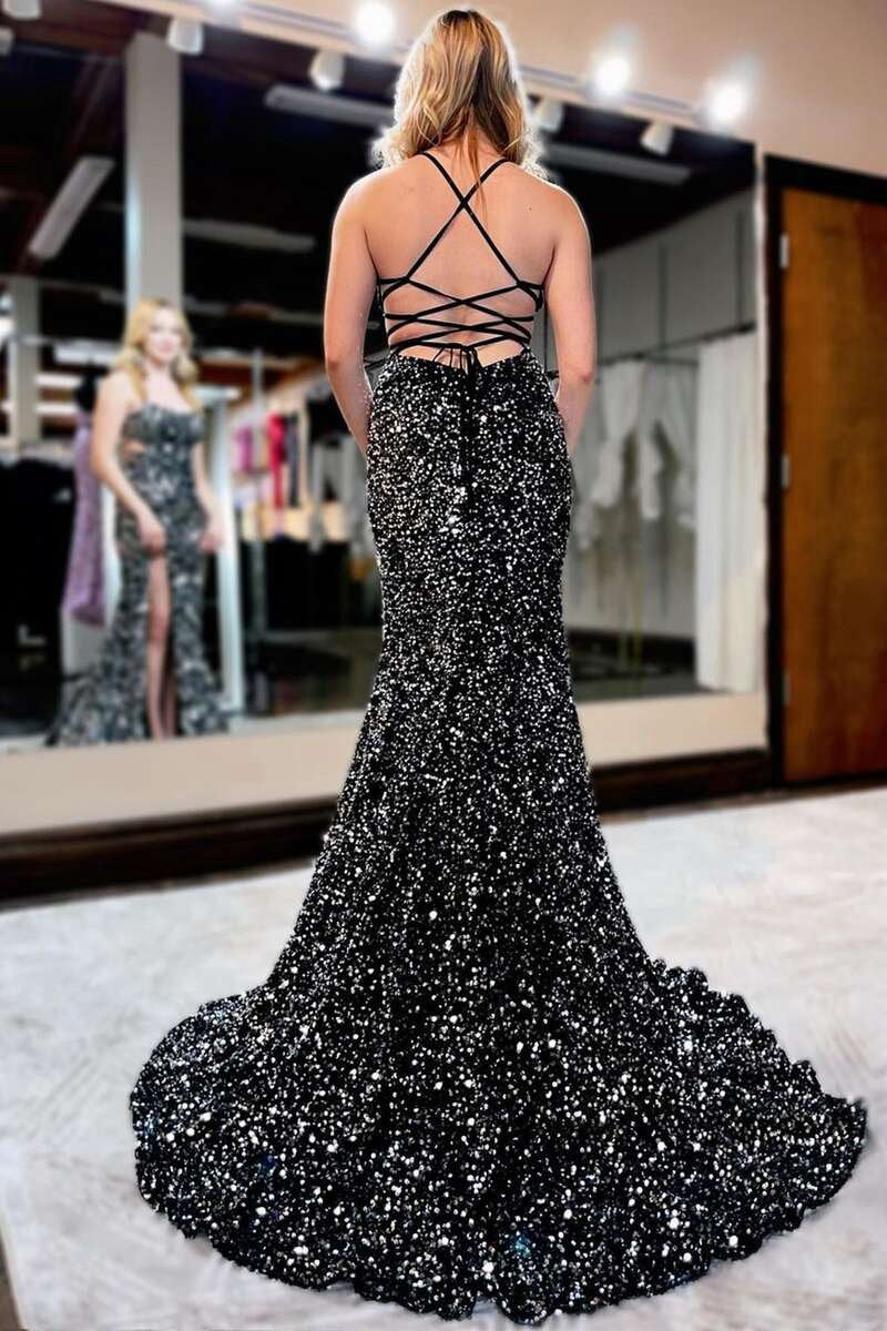 Sequin Lace-Up Back Mermaid Long Prom Gown with Slit