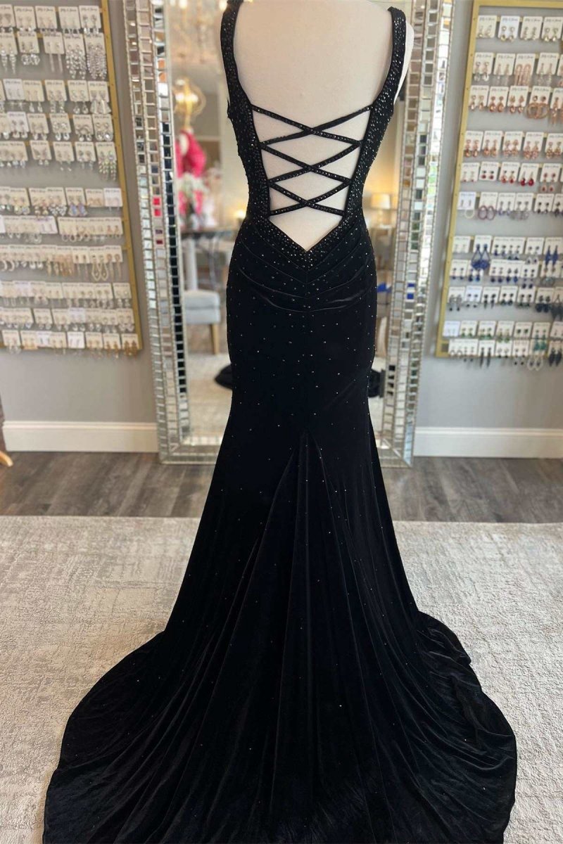 Emerald Velvet V-Neck Cutout Back Mermaid Long Formal Dresses