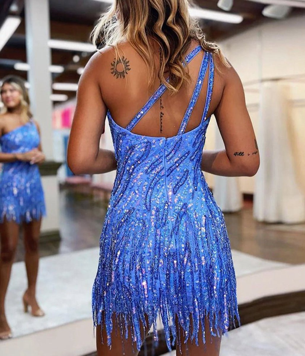 Sparkly One Shoulder Sequins Tight Short Hoco Dresses with Fringes