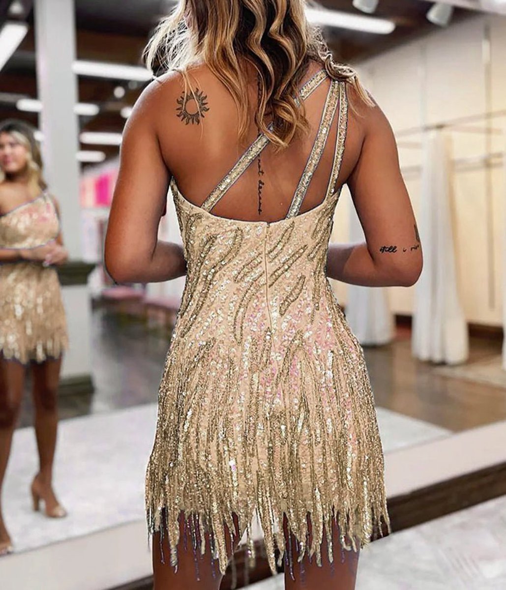 Sparkly One Shoulder Sequins Tight Short Hoco Dresses with Fringes