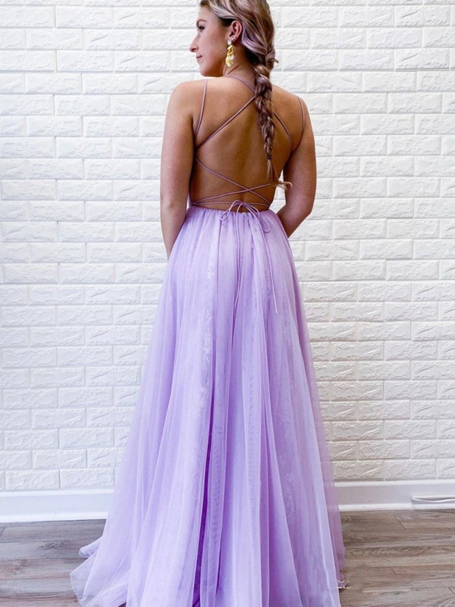 A-line Backless Tulle Long Prom Dresses
