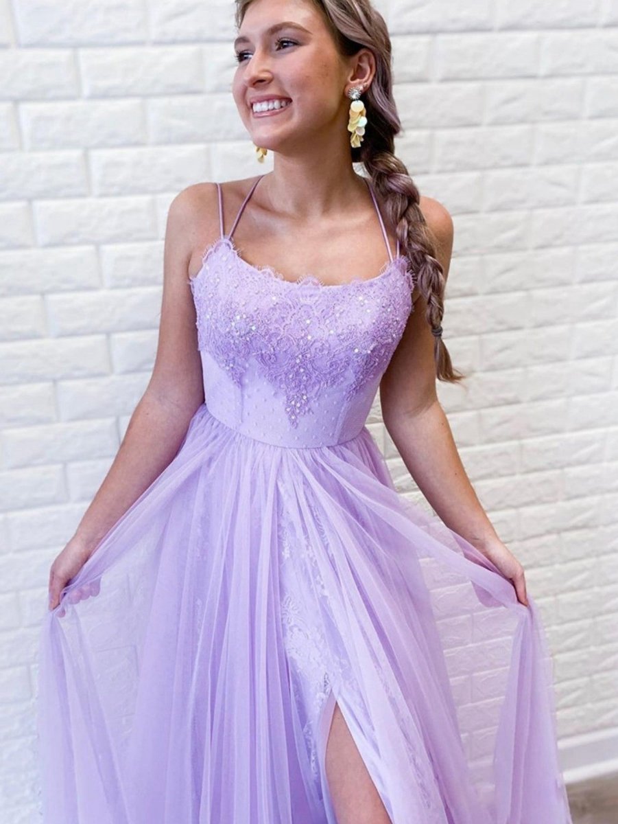 A-line Backless Tulle Long Prom Dresses