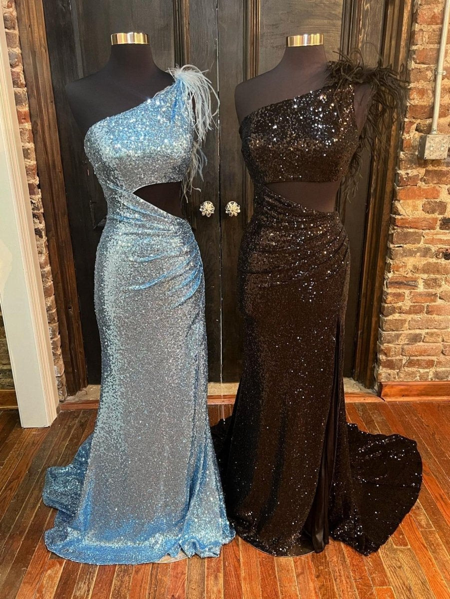 One Shoulder Sparkly Unique Mermaid Prom Dresses