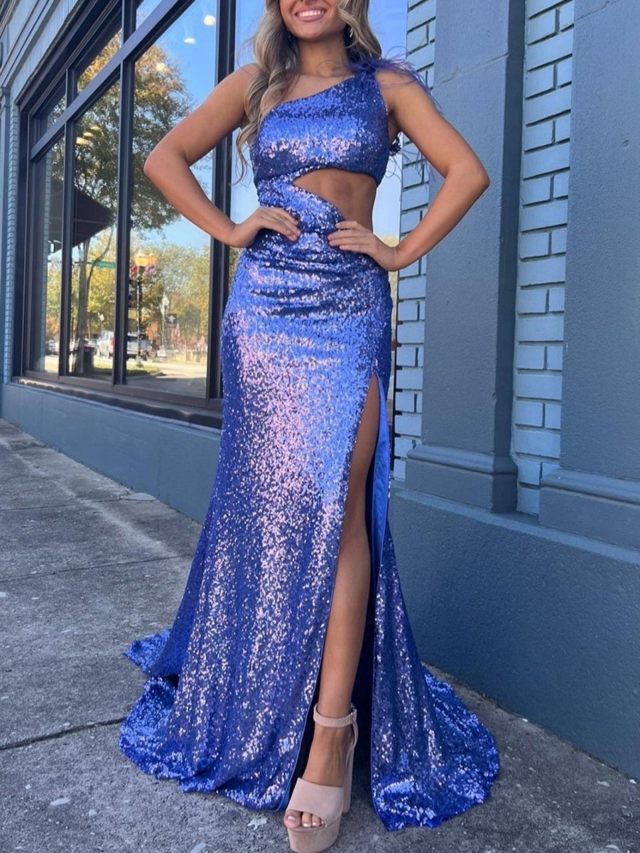 One Shoulder Sparkly Unique Mermaid Prom Dresses