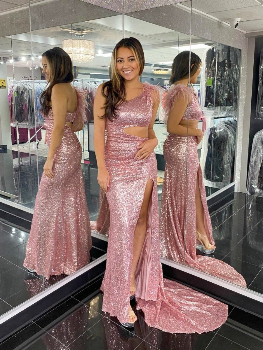 One Shoulder Sparkly Unique Mermaid Prom Dresses