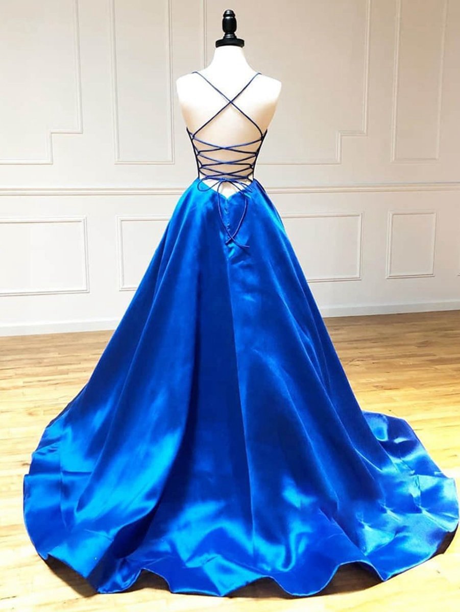 Satin A-line V Neck Long Prom Dresses