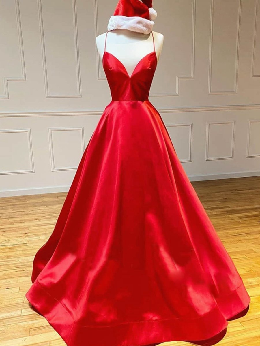 Satin A-line V Neck Long Prom Dresses