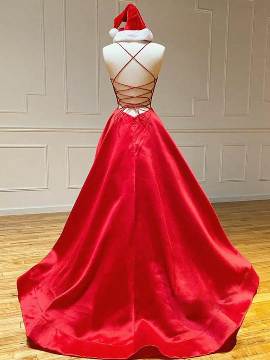 Satin A-line V Neck Long Prom Dresses