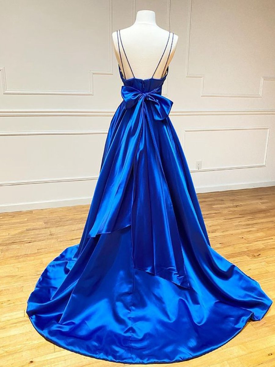 Satin A-line V Neck Long Prom Dresses with Bow Tie