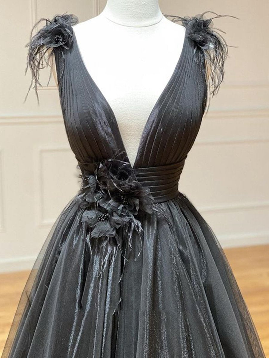 A-line V Neck Tulle Long Prom Dresses