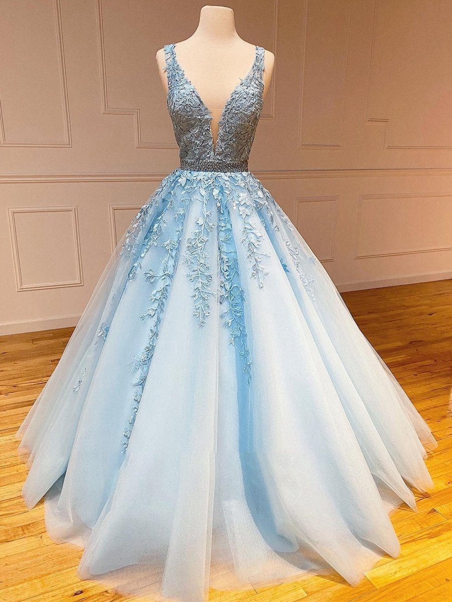 A-line V Neck Lace Long Prom Dresses