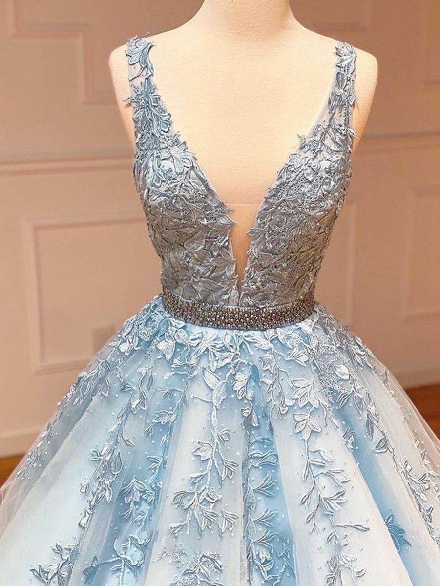 A-line V Neck Lace Long Prom Dresses