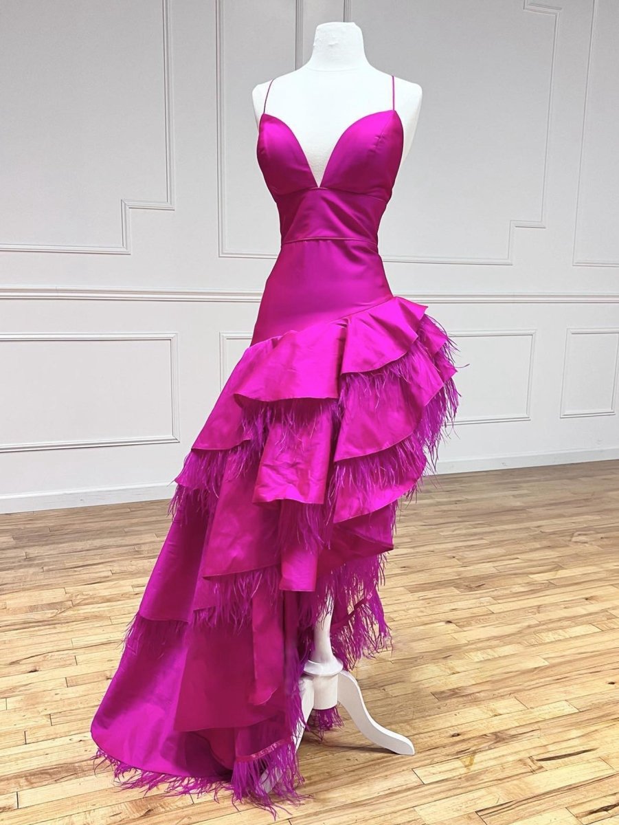 A-line V Neck Irregular Long Prom Dresses