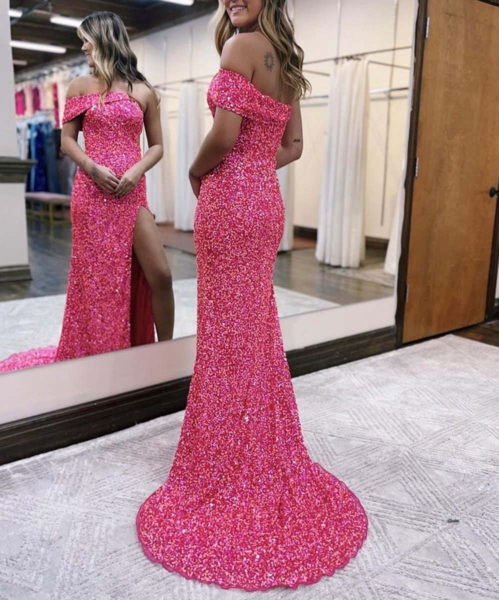 Glitter Mermaid One Shoulder Long Prom Dresses with Slit