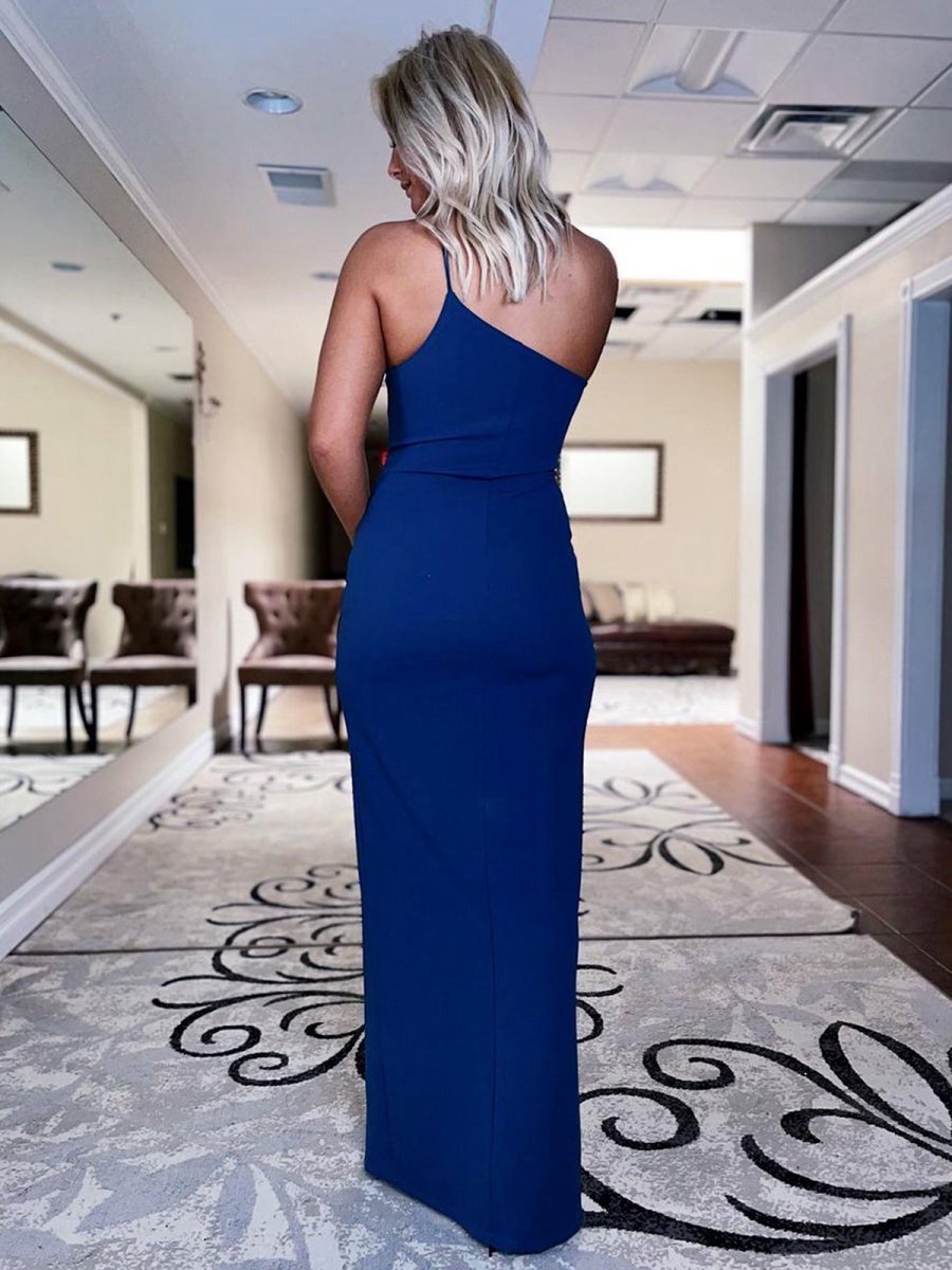 One Shoulder Long Prom Backless Dresses with Slit