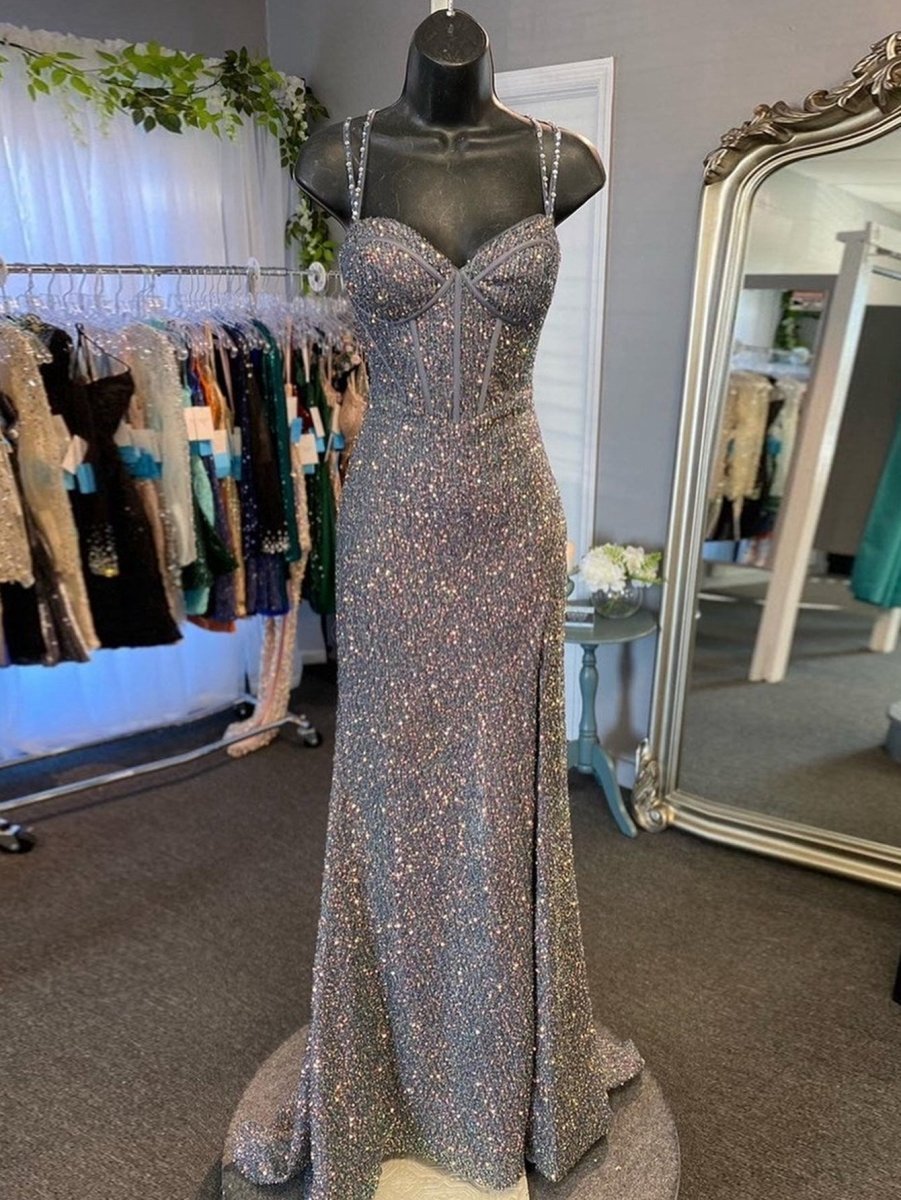 V Neck Glitter Long Prom Dresses with Slit
