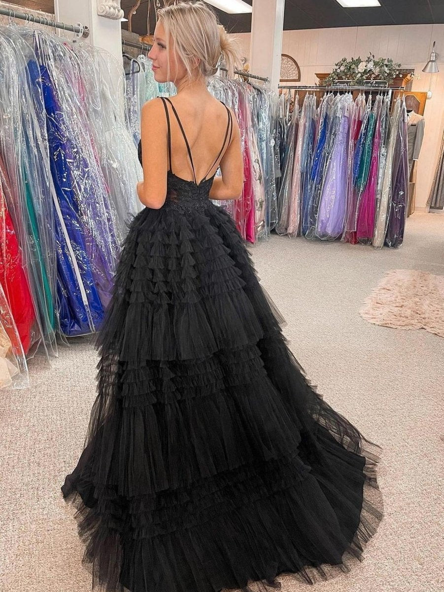 V Neck Asymmetrical Tulle Long Prom Dresses