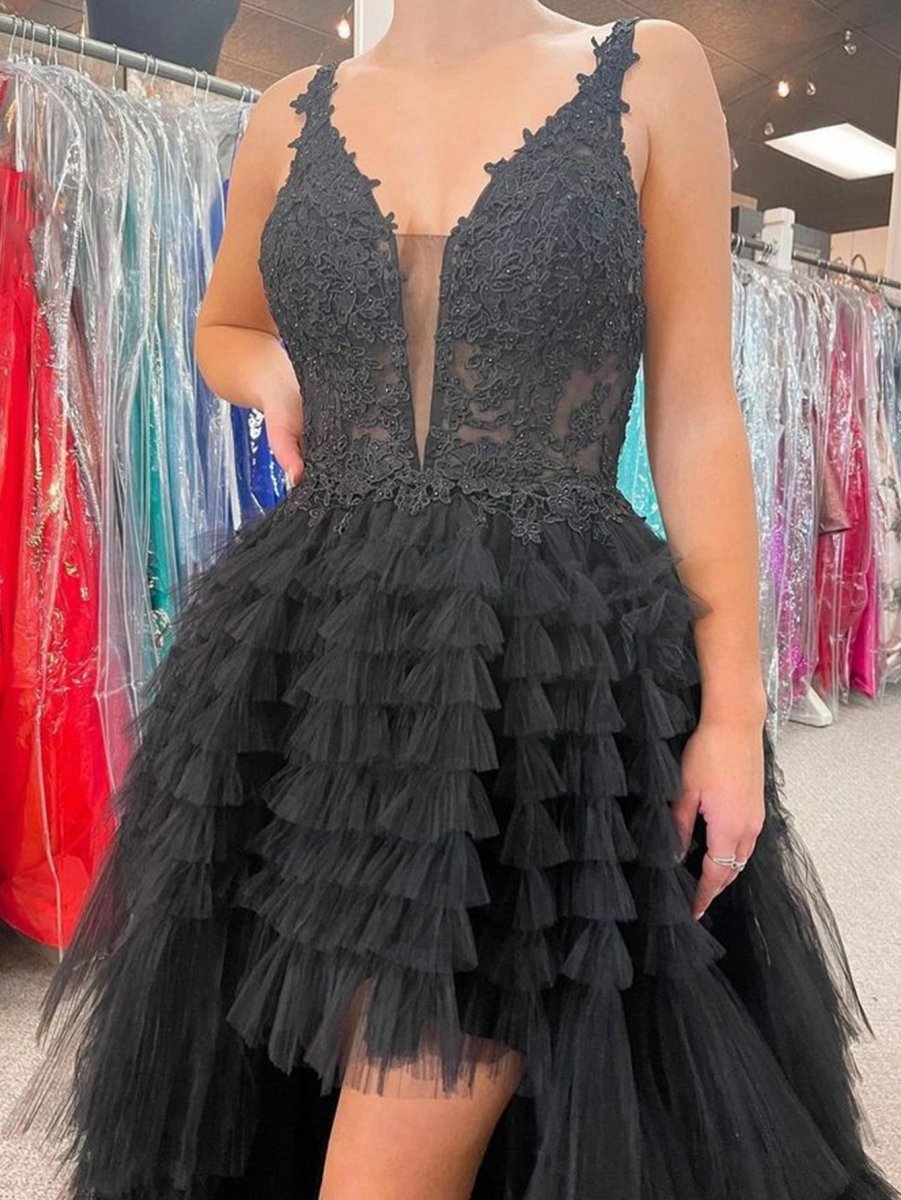 V Neck Asymmetrical Tulle Long Prom Dresses