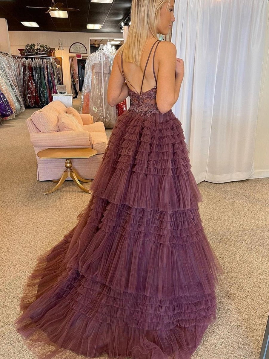 V Neck Asymmetrical Tulle Long Prom Dresses