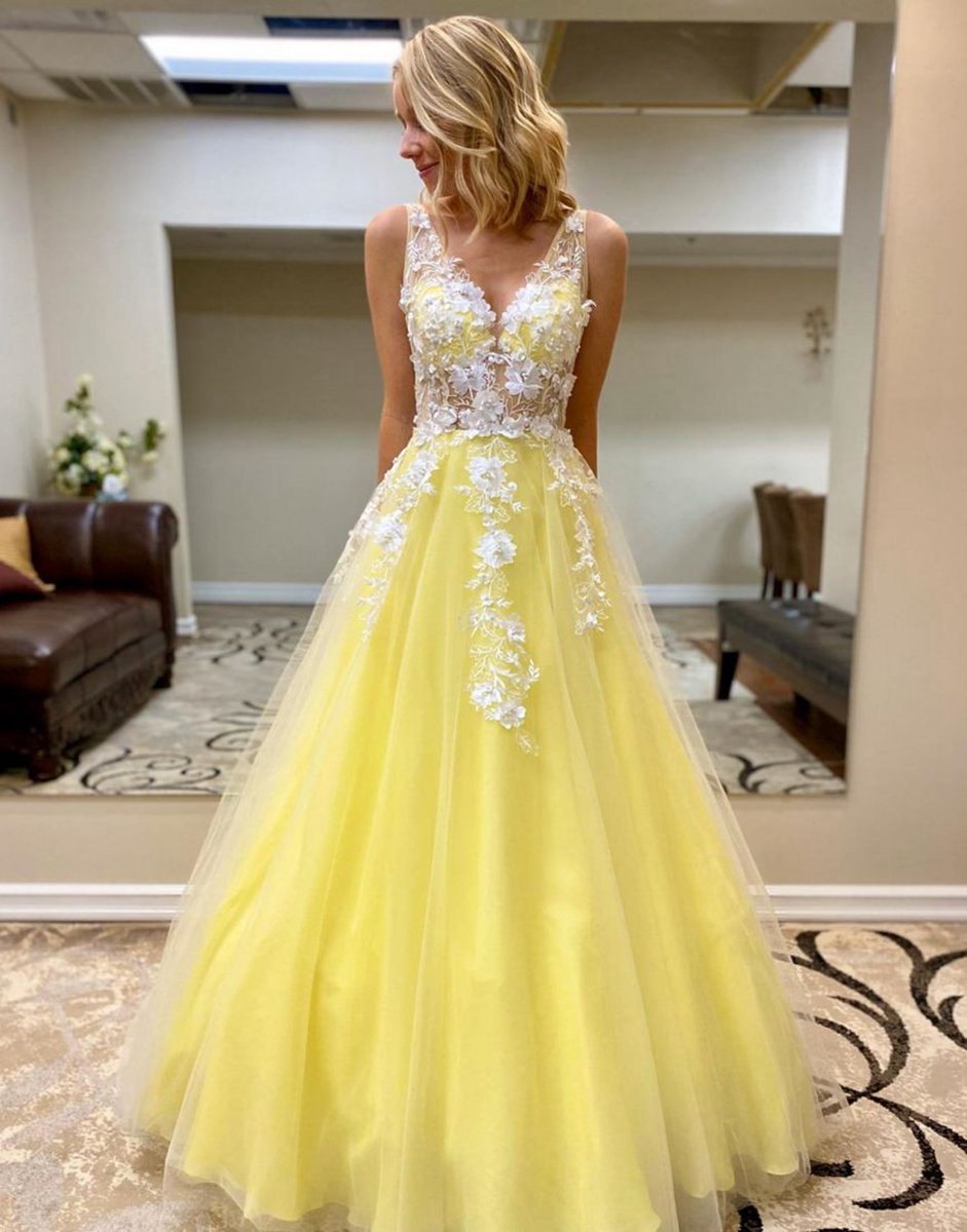 A-line Floor Length Prom Evening Dresses with Appliques