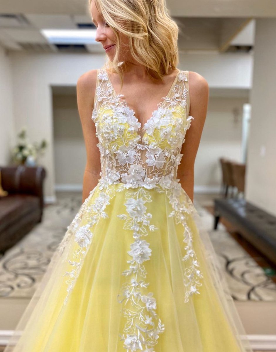 A-line Floor Length Prom Evening Dresses with Appliques