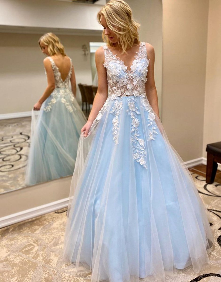 A-line Floor Length Prom Evening Dresses with Appliques