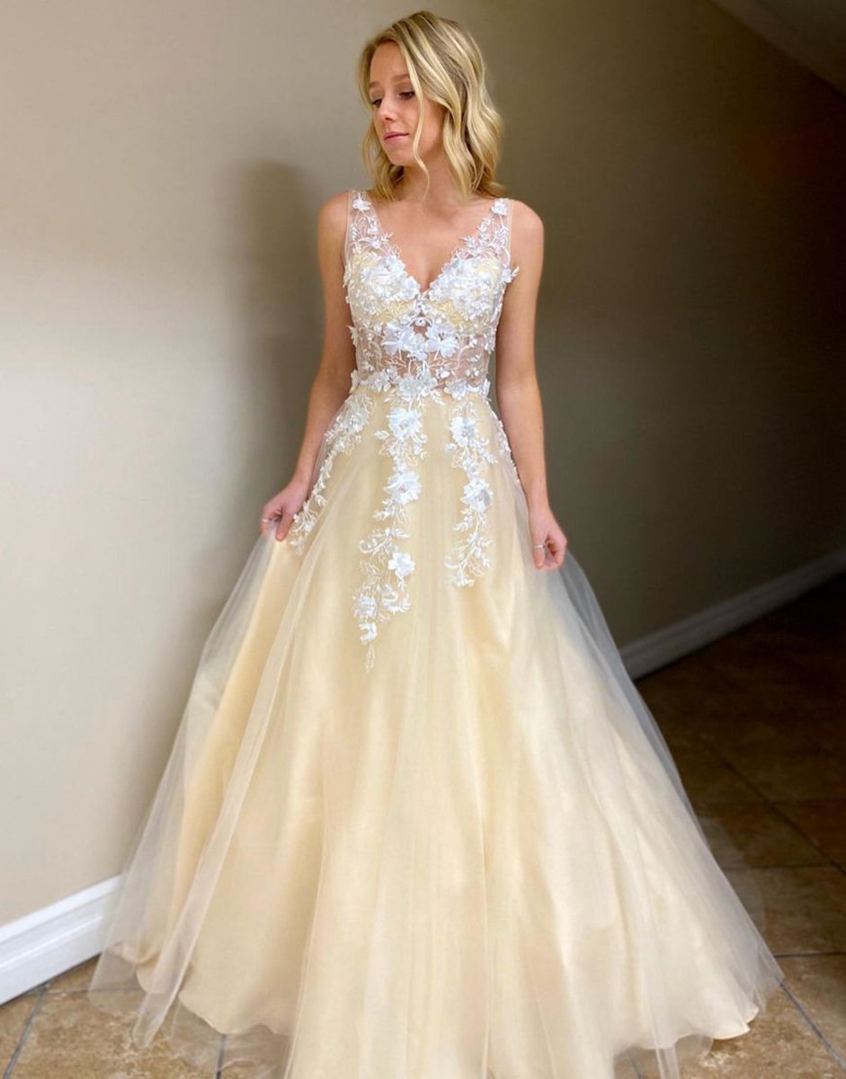 A-line Floor Length Prom Evening Dresses with Appliques
