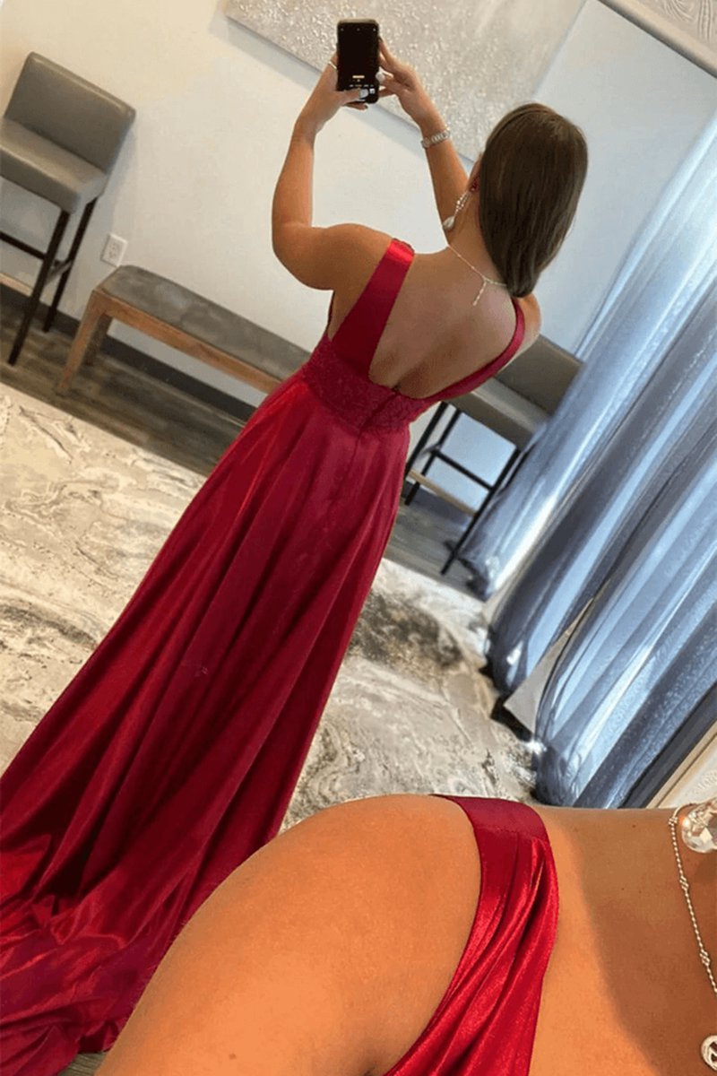 V Neck Lace Long Prom Evening Dresses with High Slit